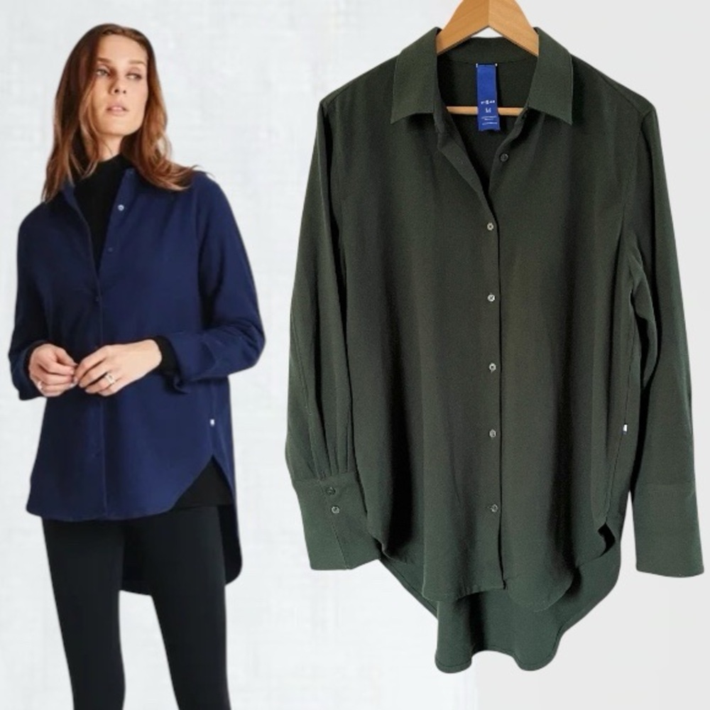 Kit Ace Here and There Button Long Sleeve Green Shirt Hi Lo Flannel Drop Hem EUC